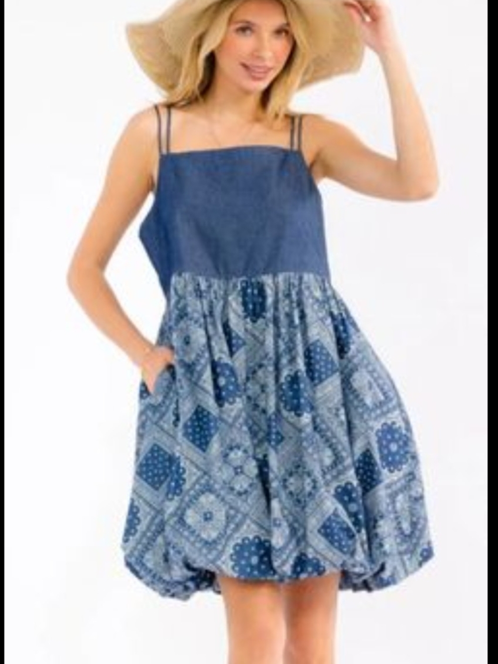 Blue Patterned Mini Sundress with Spaghetti Straps